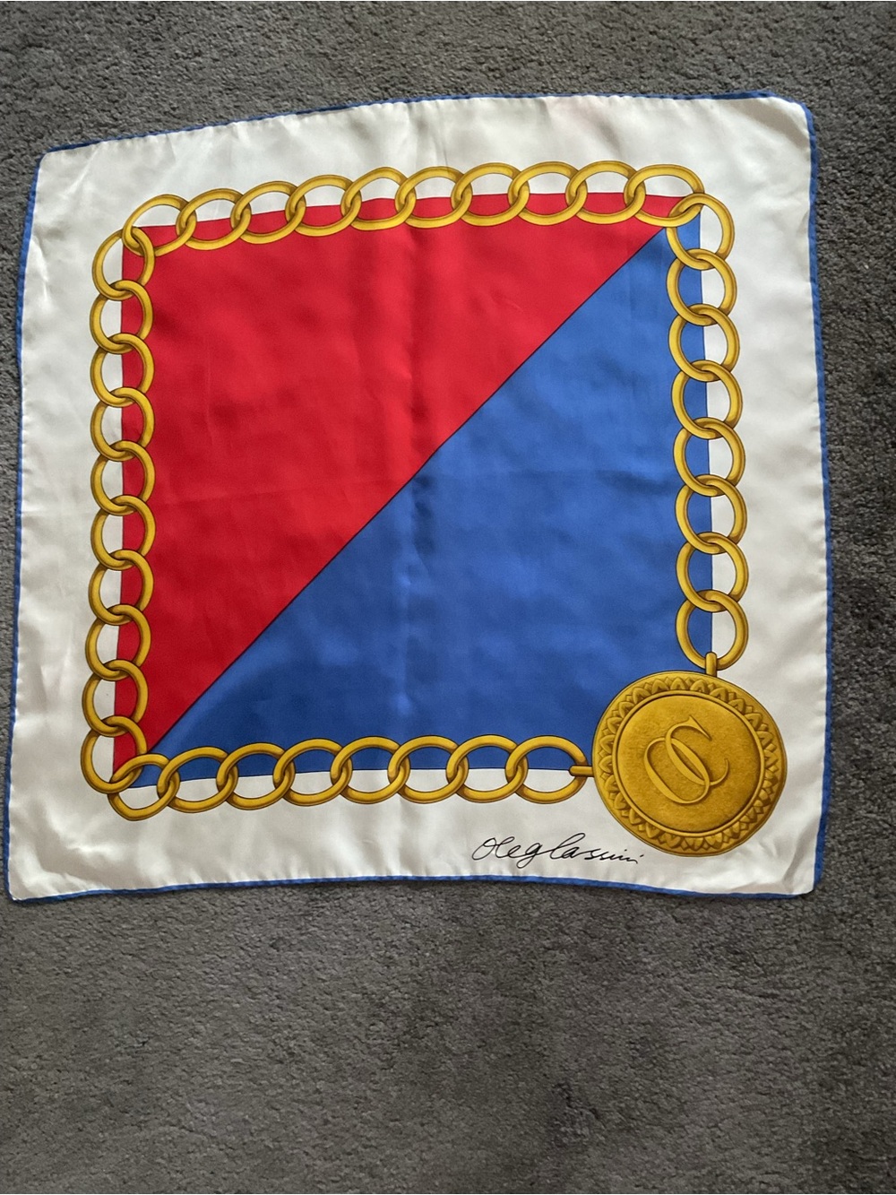 Oleg Cassini White Silk Scarf with Blue Border, Gold and Red Accents